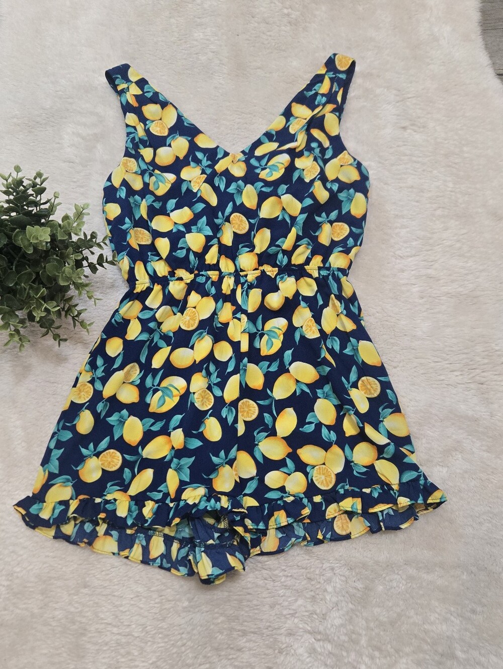 Blue Rain Navy Blue Lemon Print Ruffle Hem Chic Summer Resortwear Romper, XS